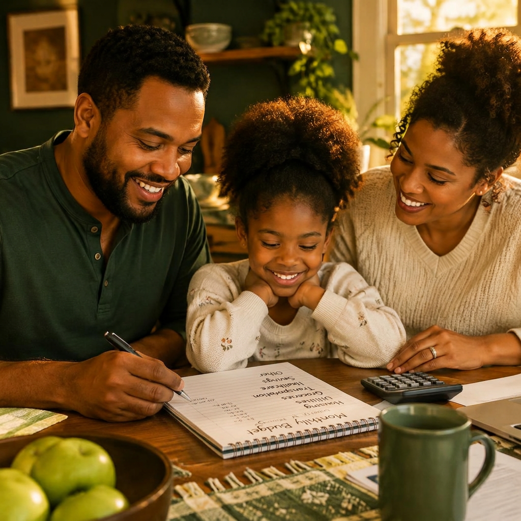 Family reviewing their budget together